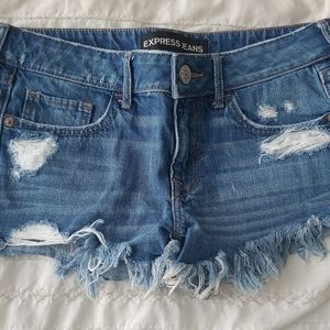 Express Cut Off Distressed Embroidered Jean Shorts